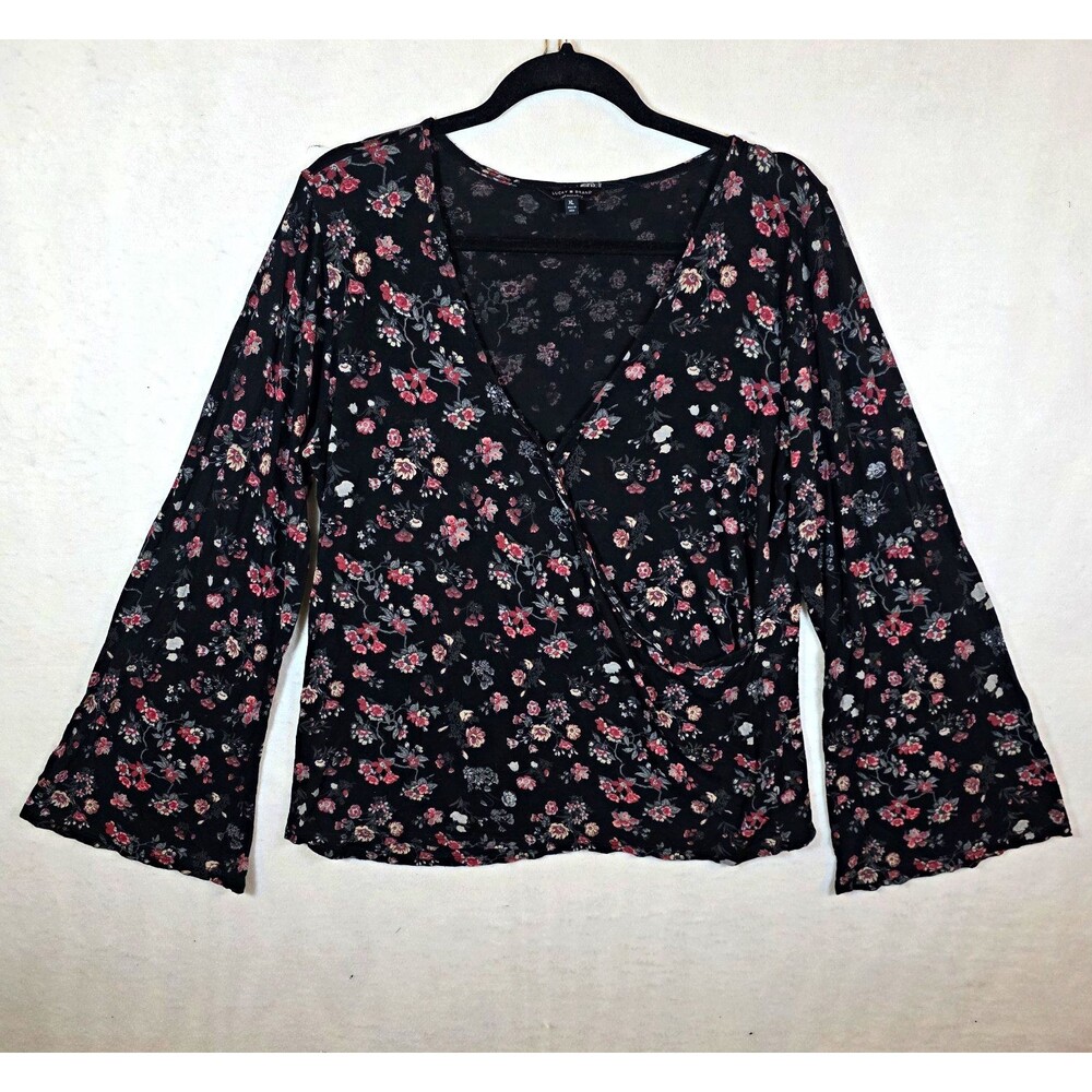 Lucky Brand Women's XL Black Floral V-Neck Bell Sleeve Woven Viscose Blouse Boho